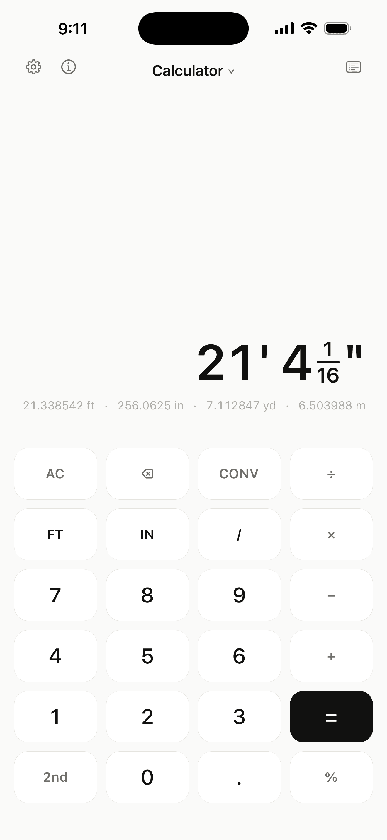 Sixteenths calculator home screen